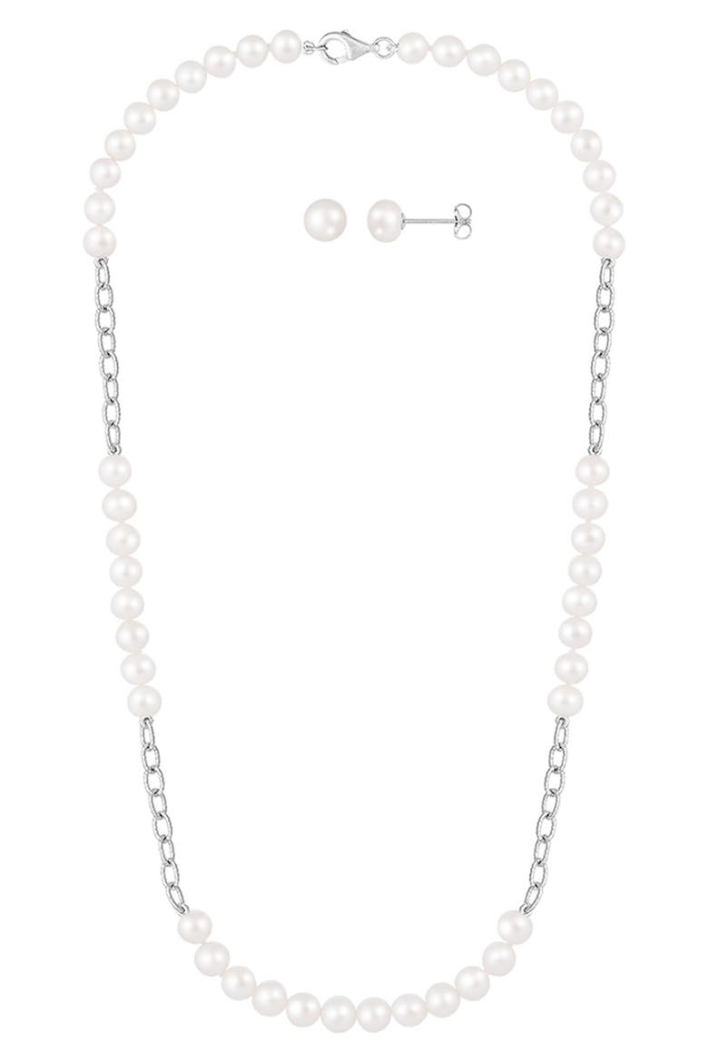 Rhodium Plated Sterling Silver 6-7mm Cultured Freshwater Pearl Stud Earrings & Necklace 3-Piece Set, Main, color, WHITE