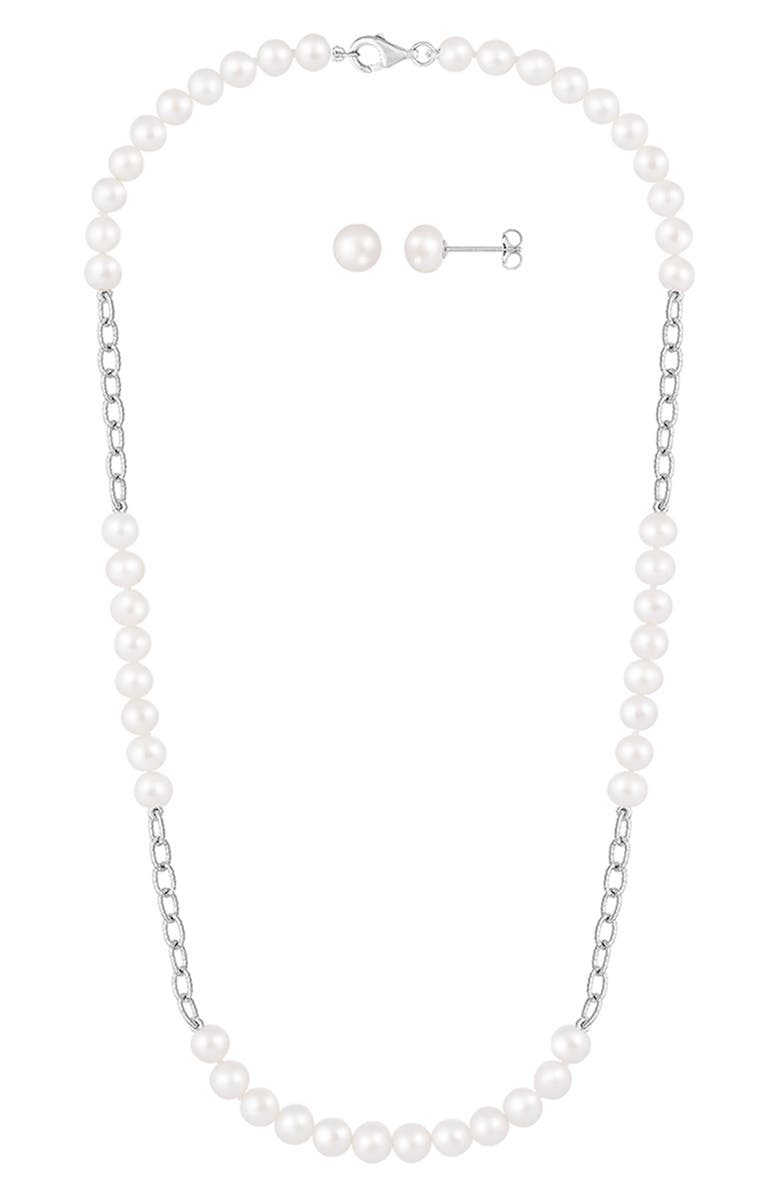 SPLENDID PEARLS Rhodium Plated Sterling Silver 6-7mm Cultured Freshwater Pearl Stud Earrings & Necklace 3-Piece Set, Main, color, 