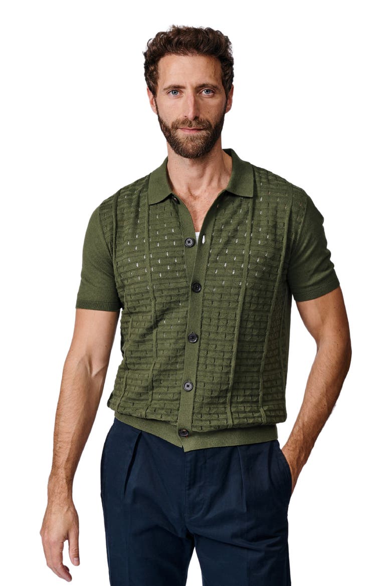 Manor Textured Button Through Polo, Alternate, color, Khaki