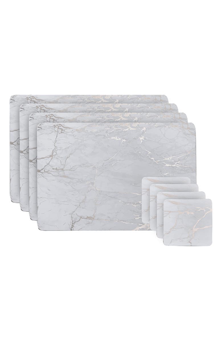 DAINTY HOME Marble Print 8-Piece Placemat & Coaster Set, Main, color, Silver