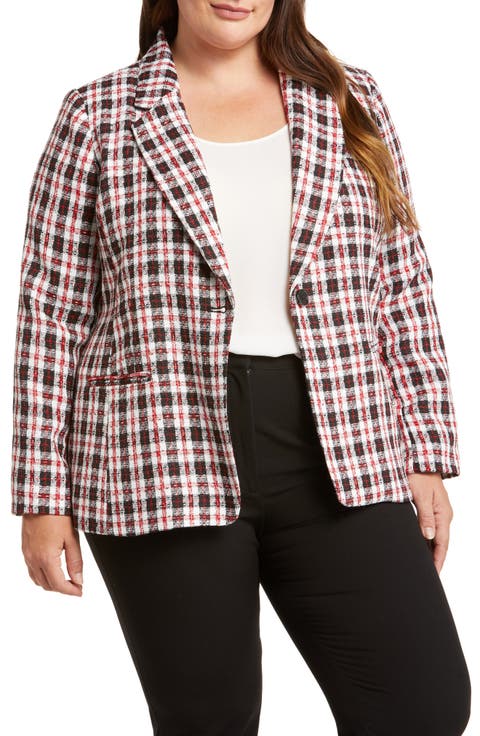 Plaid Notch Lapel Tweed Blazer (Plus)