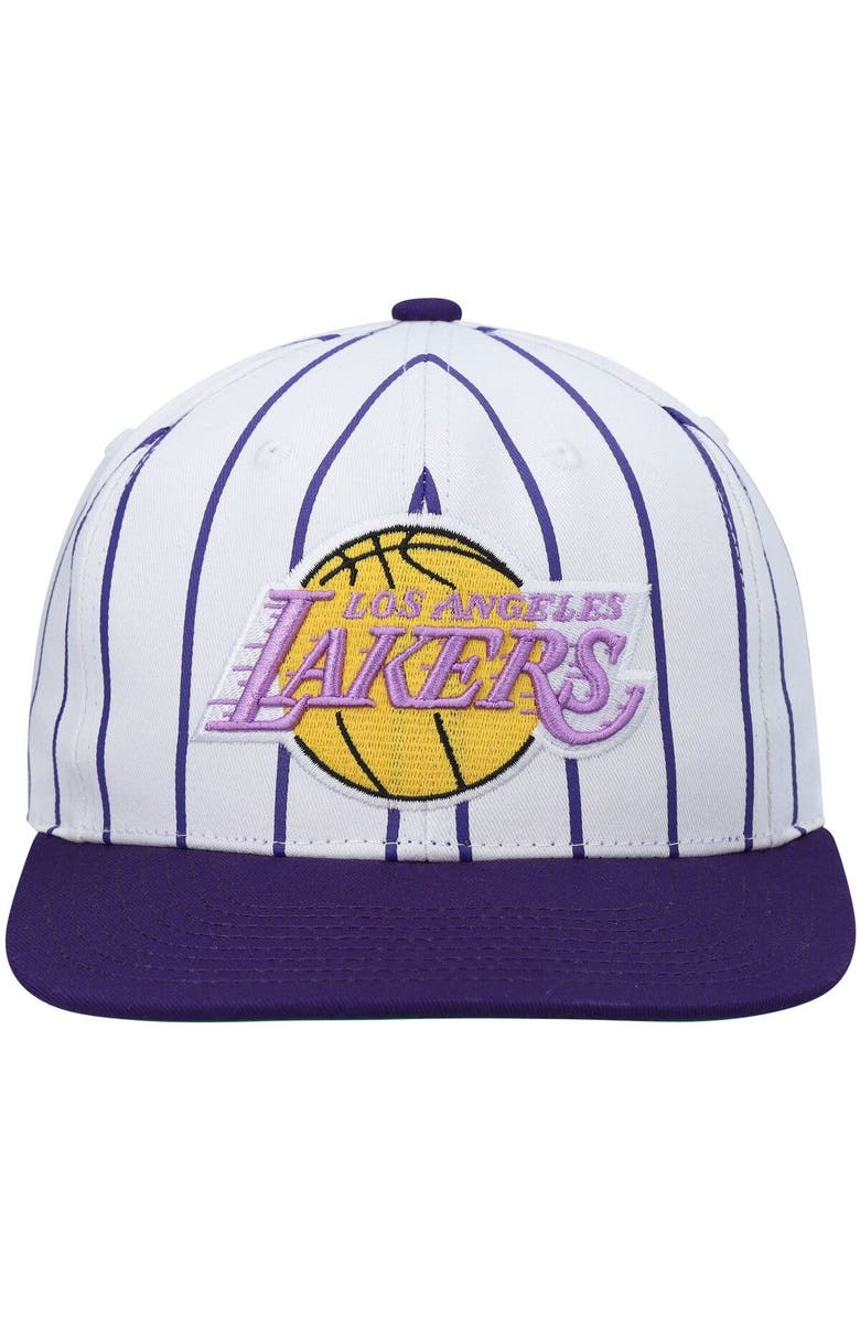 Mitchell & Ness Men's Mitchell & Ness White Los Angeles Lakers Hardwood Classics Pinstripe Snapback Hat, Alternate, color, 