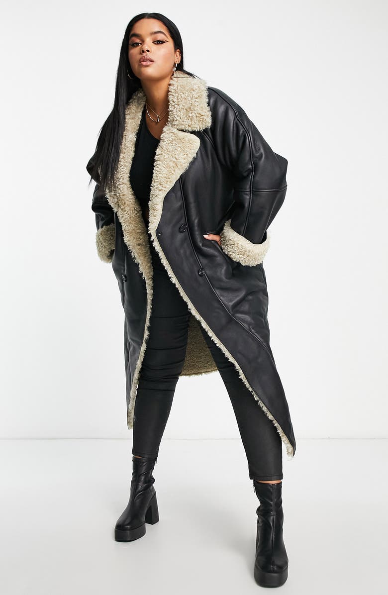 ASOS DESIGN Curve Faux Shearling Trench Coat, Alternate, color, 