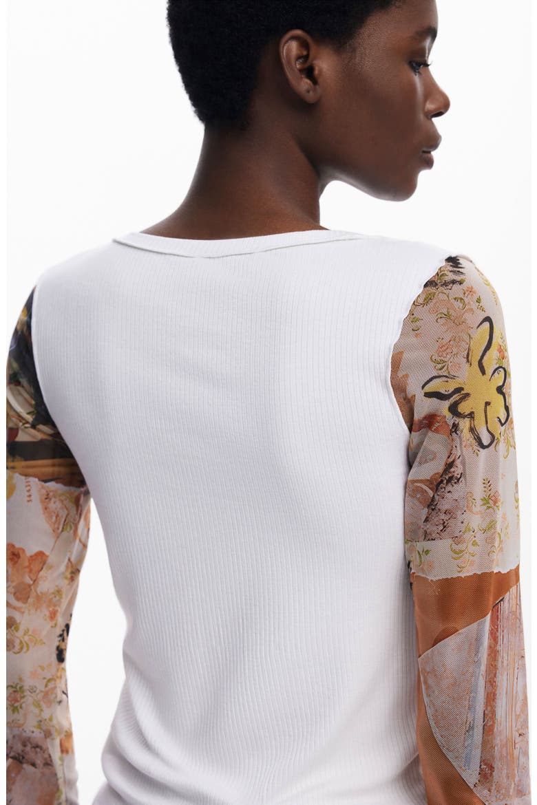 Mesh Sleeve Scoop Neck Rib Top, Alternate, color, LIGHT BEIGE