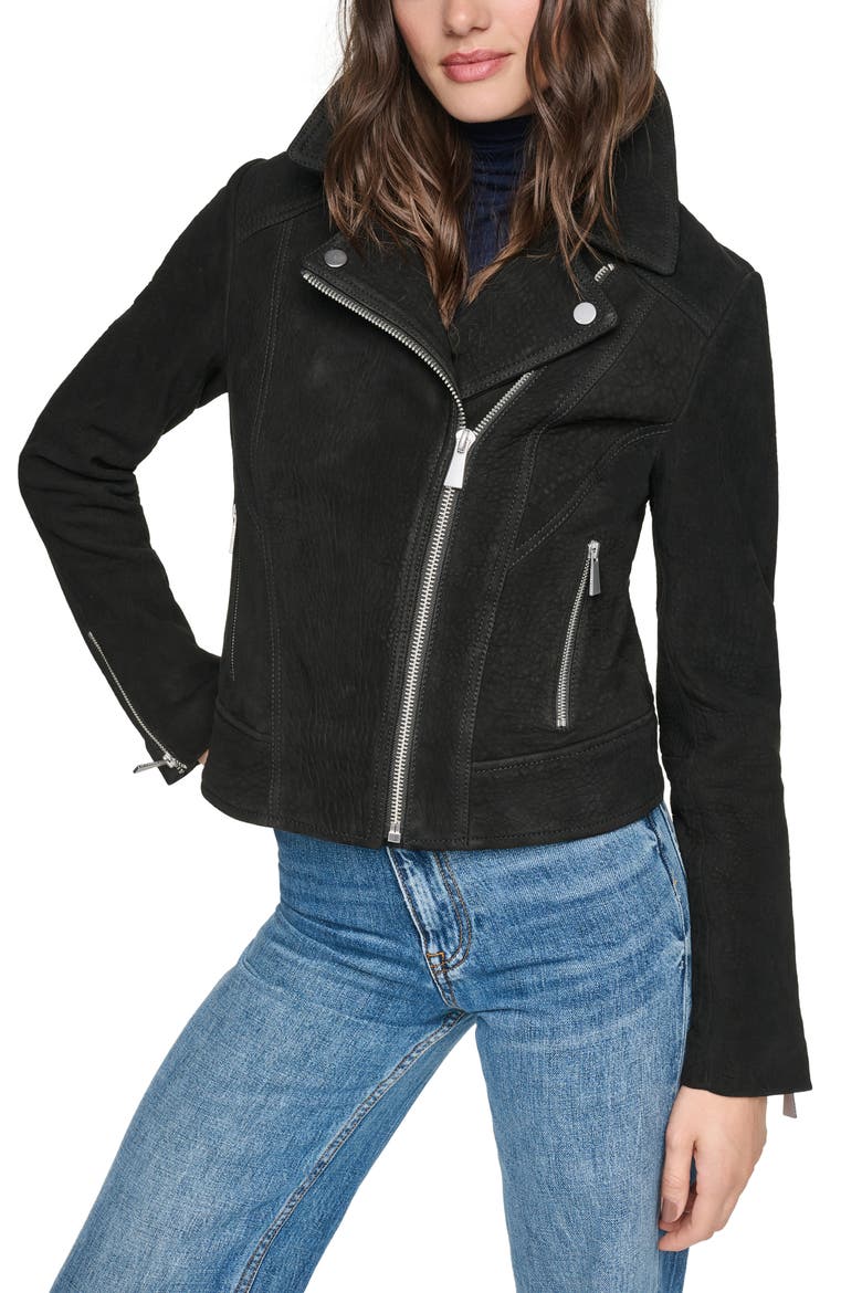 Castile Nubuck Leather Moto Jacket, Main, color, BLACK