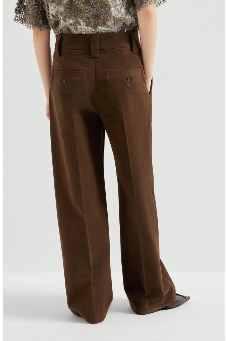 Stretch cotton moleskin loose sartorial trousers with monili, Alternate, color, Chocolate