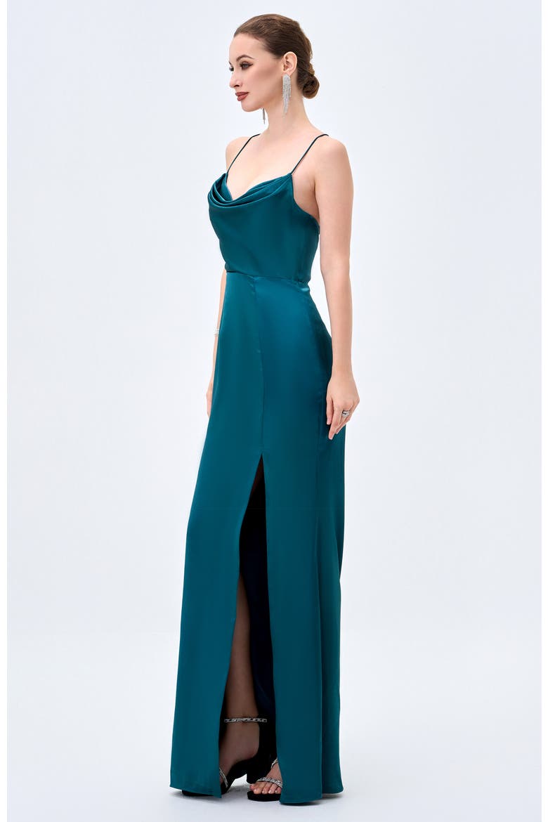 Stephanie Cowl Draped Satin Gown, Alternate, color, EMERALD
