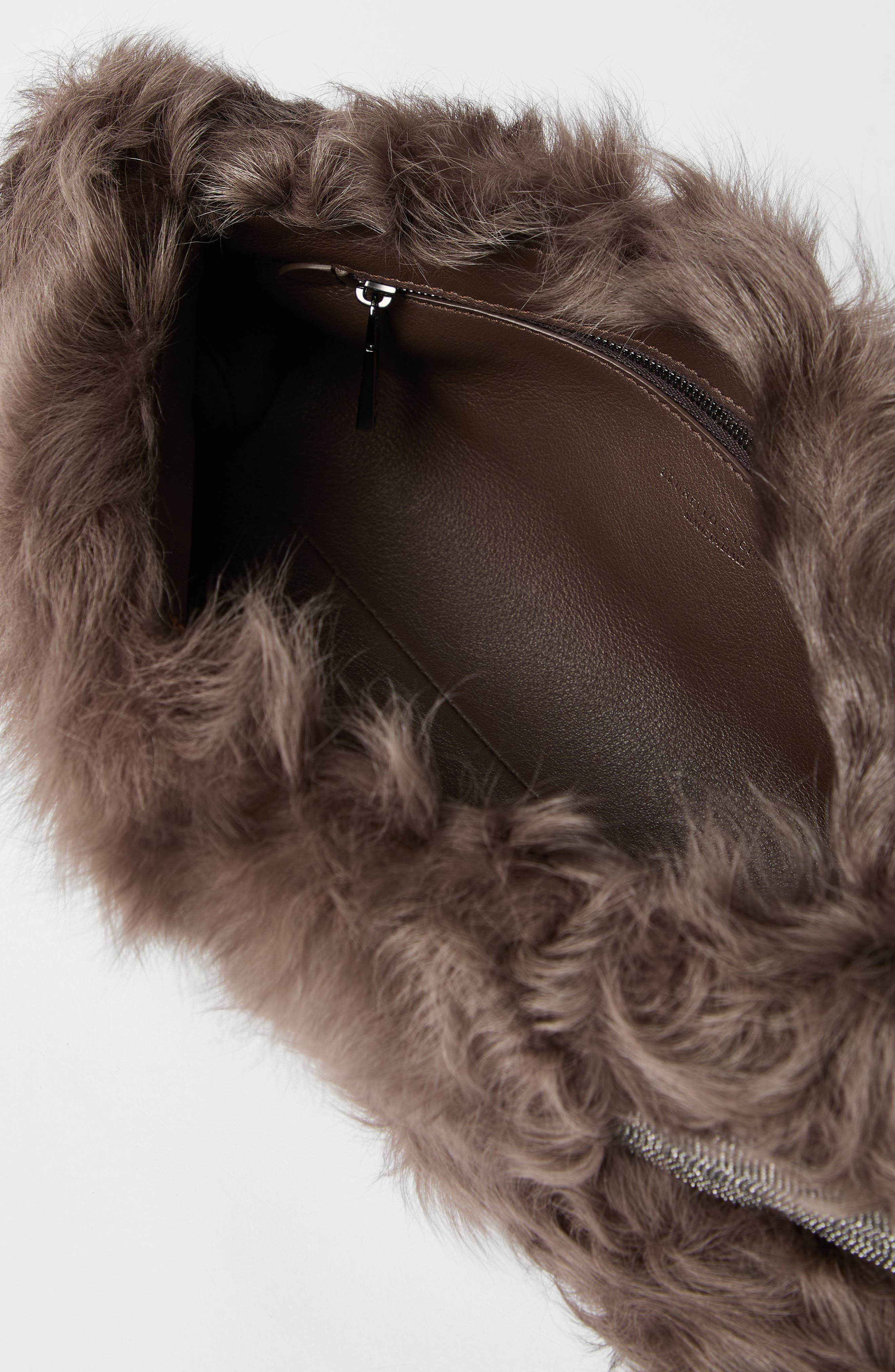 Brunello Cucinelli Wavy shearling essence pouch bag, Alternate, color, Rust Brown