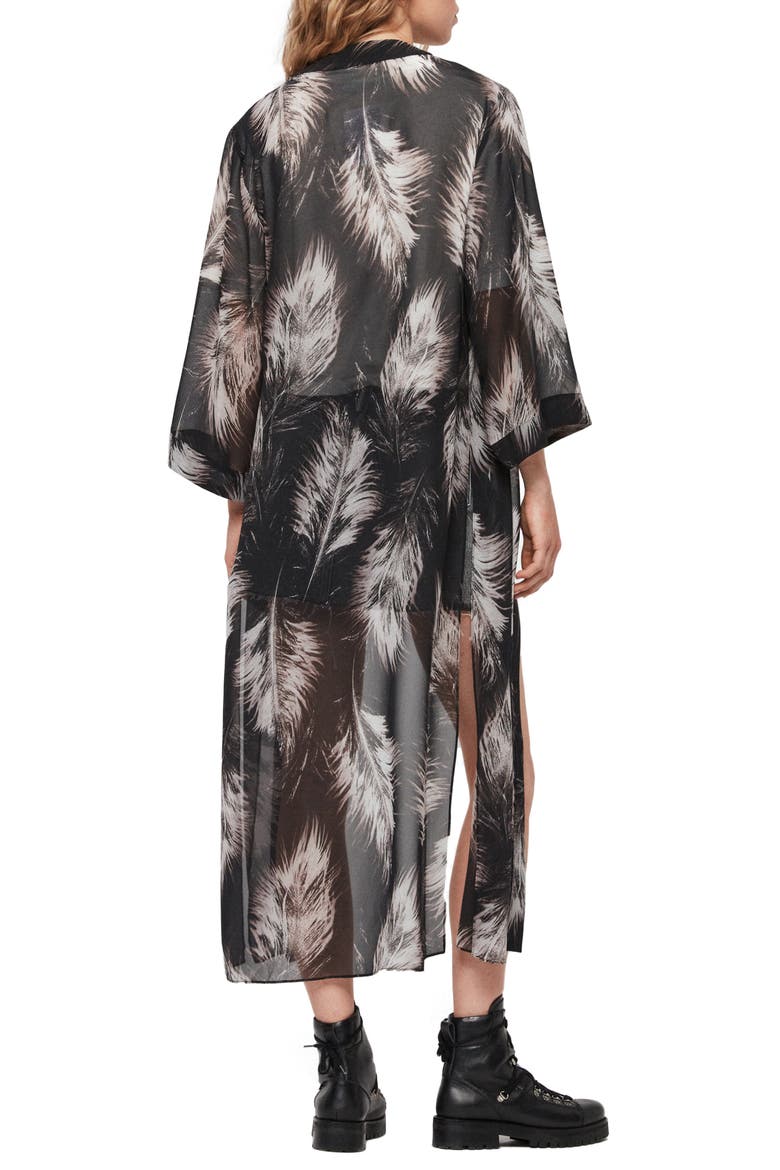 Carine Feather Print Duster, Alternate, color, BLACK