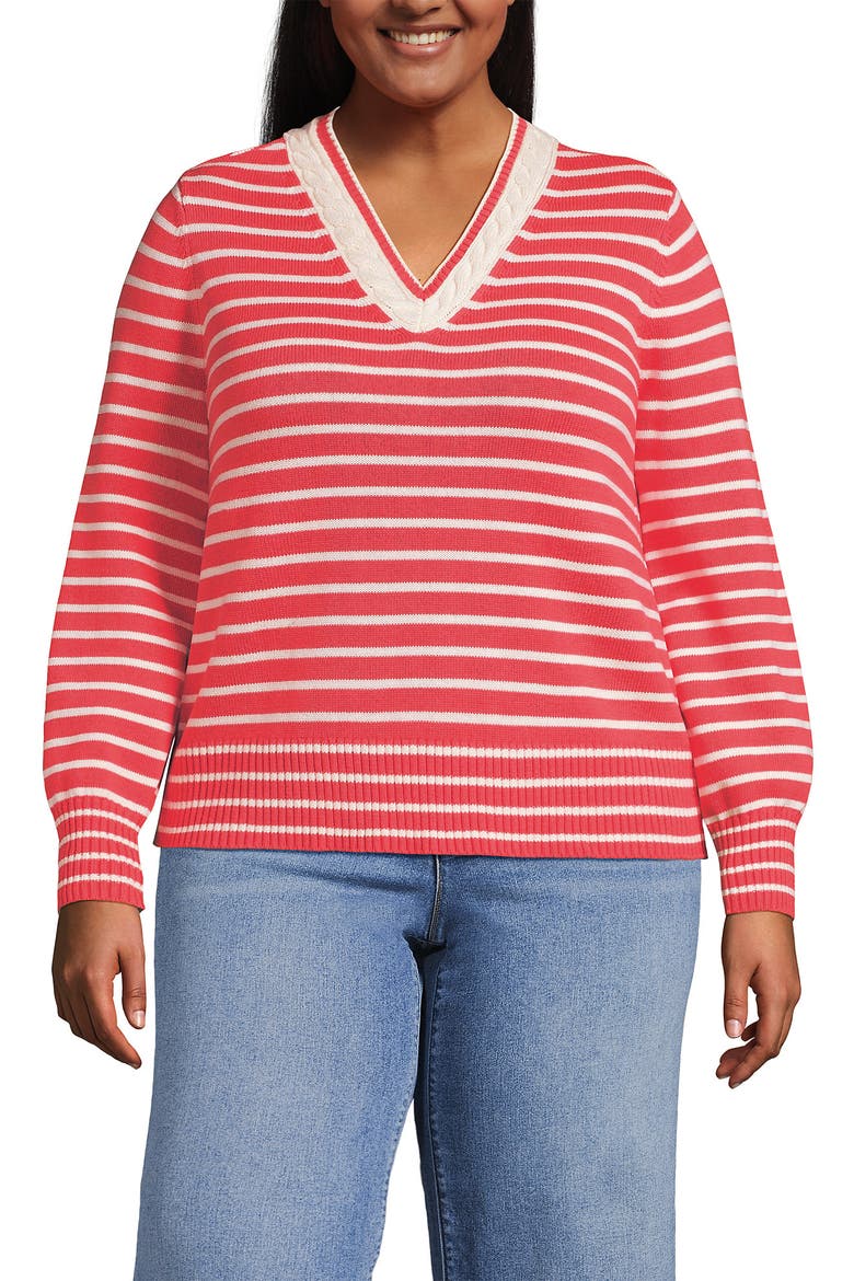 Drifter Set in Sleeve Vneck Sweater, Main, color, Coral/Ivory Mini Stripe