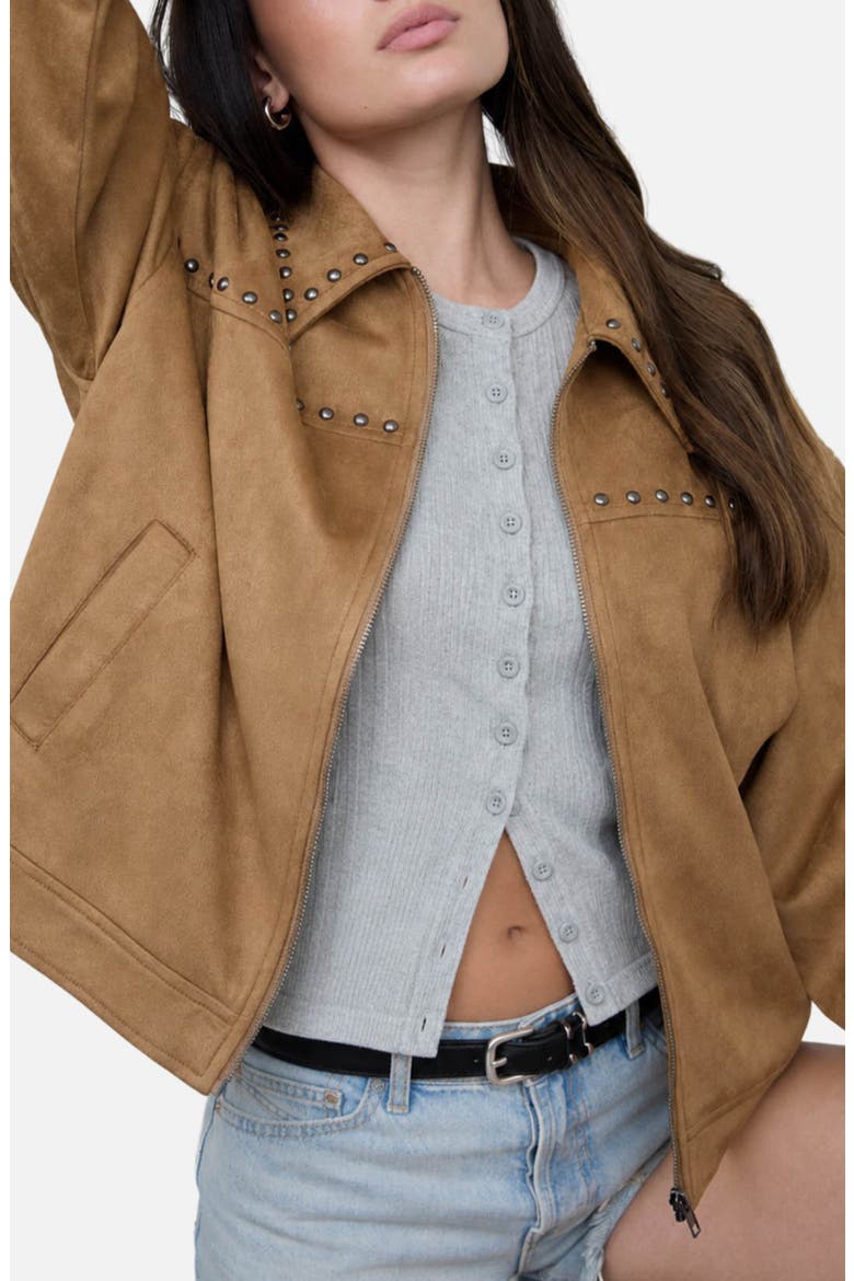 Studded Faux Suede Collar Jacket, Alternate, color, CAMEL