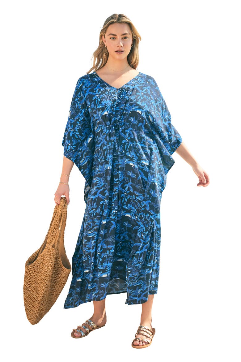 Ruched Caftan Cover Up, Main, color, BLUE BEACH TOILE
