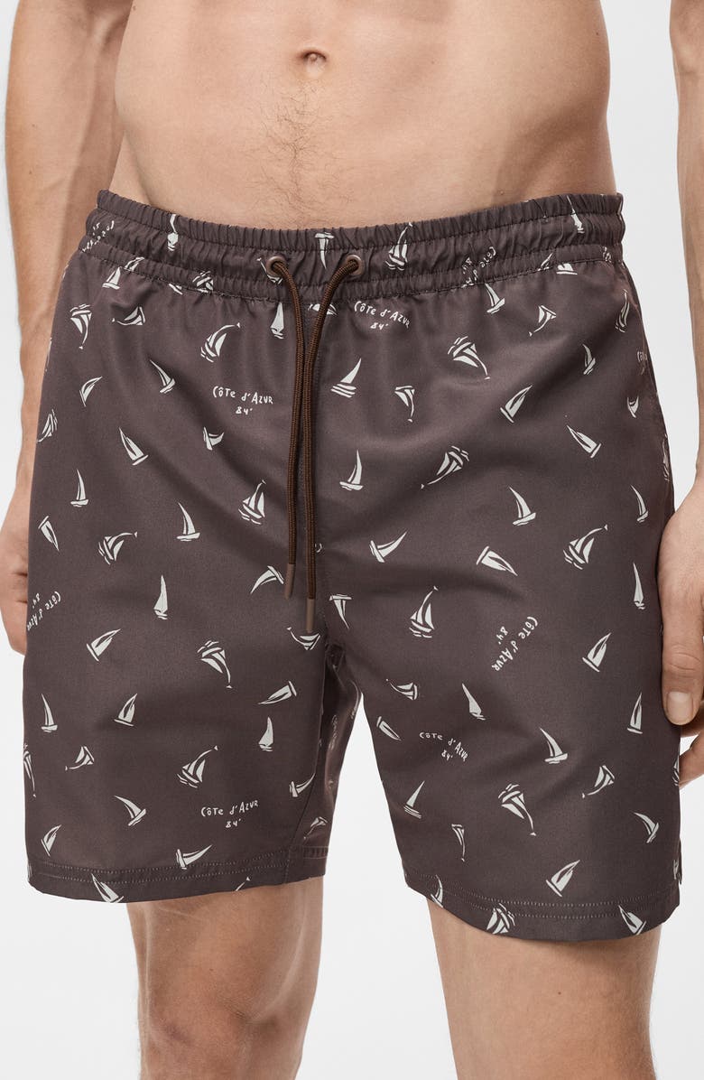 MANGO Sailboat Print Swim Trunks, Main, color, Brown