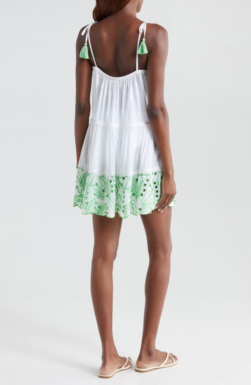 Ramy Brook Makenzy Eyelet Tassel Strap Cover-up Minidress In White/palm Green