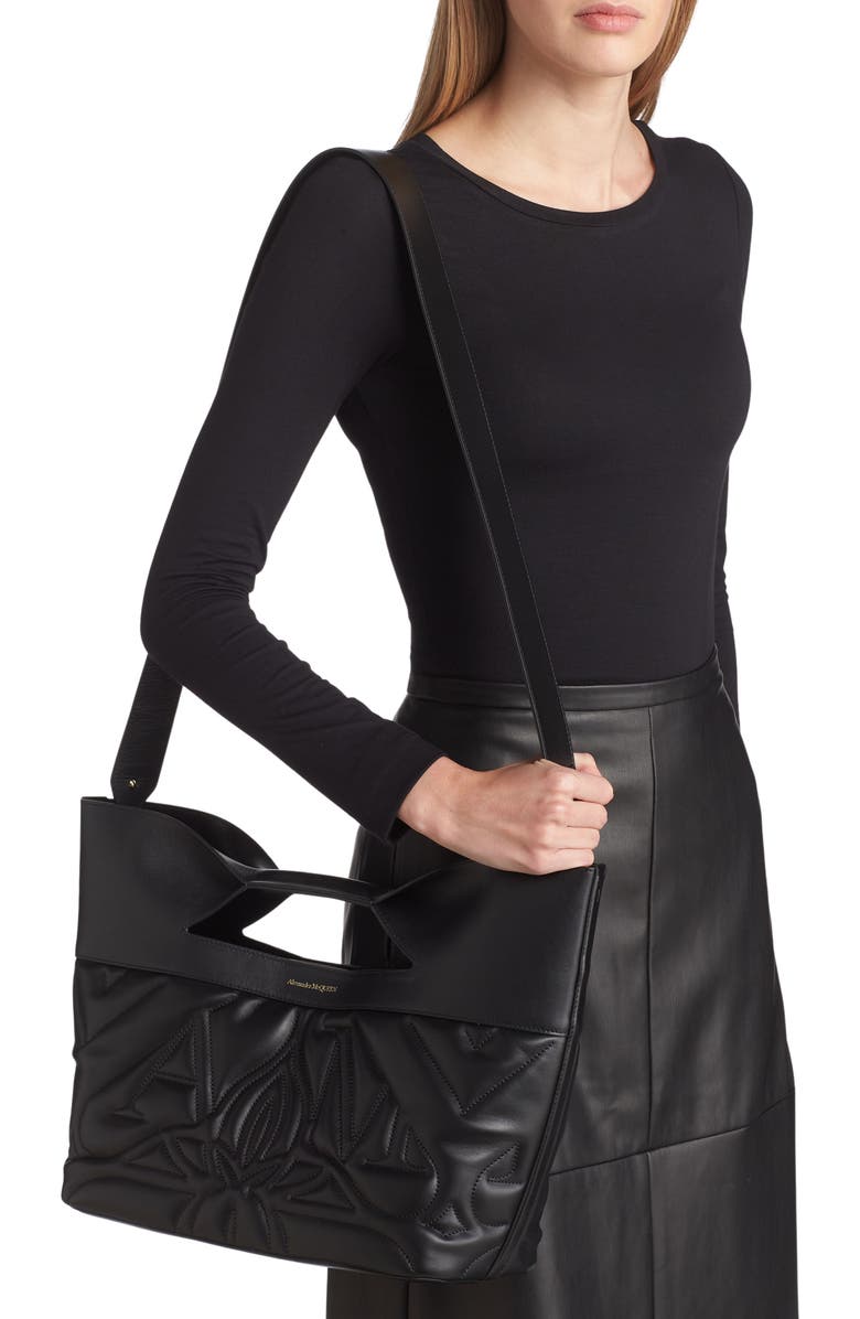 McQueen The Small Bow Logo Quilted Padded Leather Tote, Alternate, color,