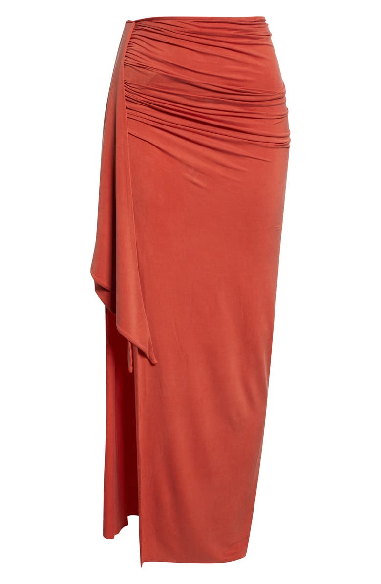 Balmain Side Drape Ruched Jersey Skirt, Main, color, Dark Red