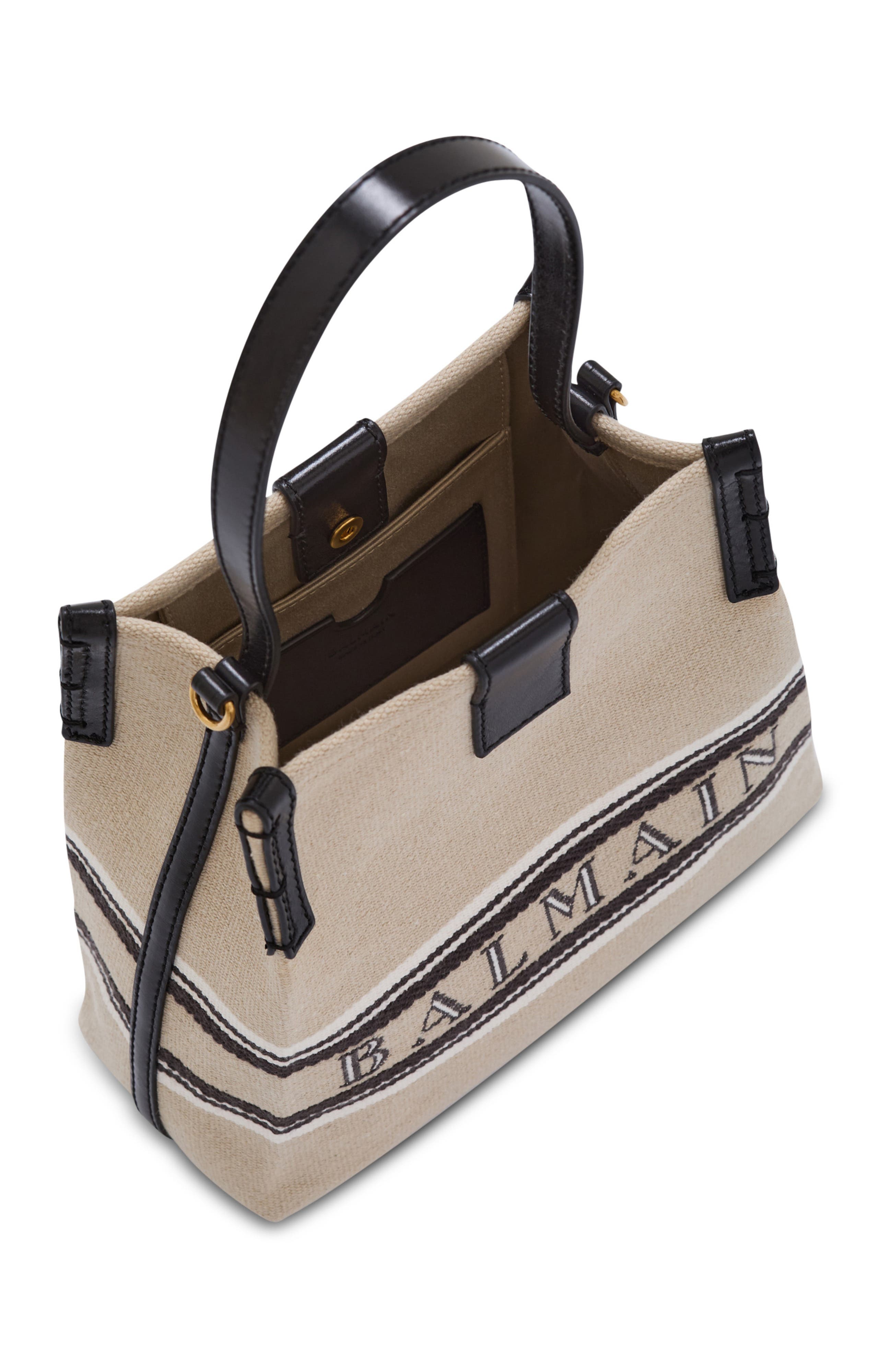 Balmain Release Bucket bag in canvas and calfskin, Alternate, color, Beige