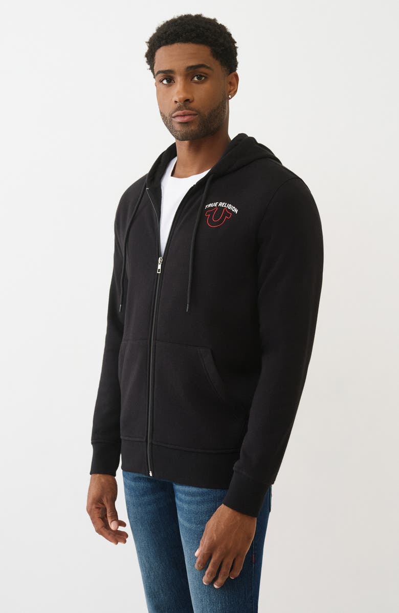 True Religion Logo Zip Hoodie, Alternate, color, Jet Black