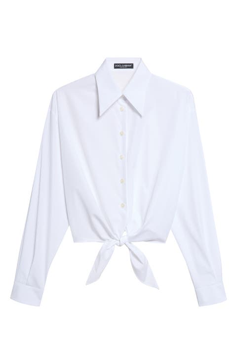 Tie Hem Cotton Poplin Button-Up Shirt