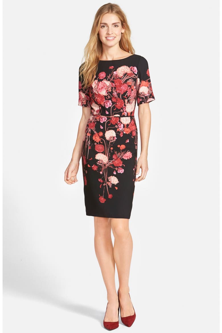 Placed Floral Print Crepe Sheath Dress, Alternate, color, BLACK MULTI