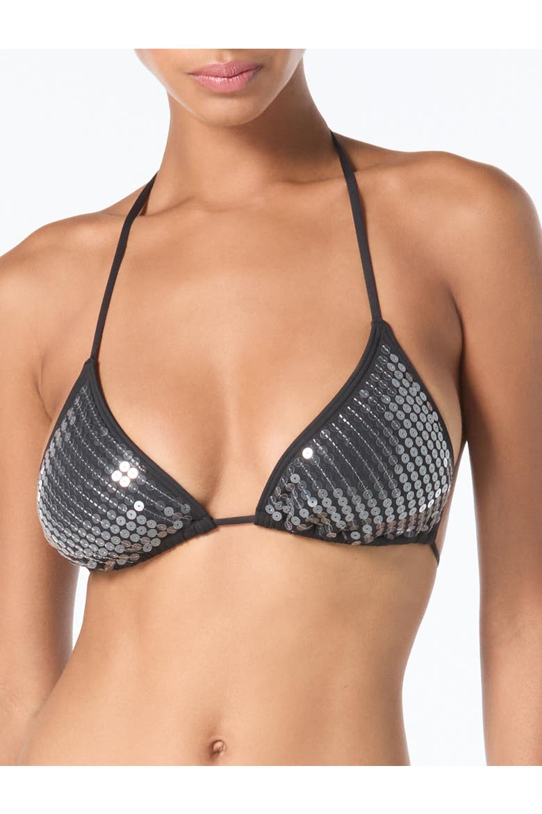 Sequin String Triangle Bikini Swim Top, Alternate, color, Black