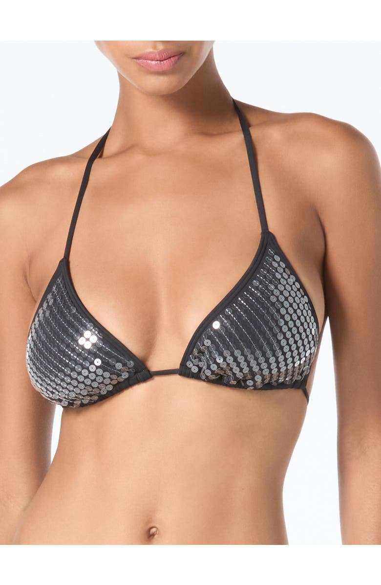 Vince Camuto Sequin String Triangle Bikini Swim Top, Alternate, color, Black
