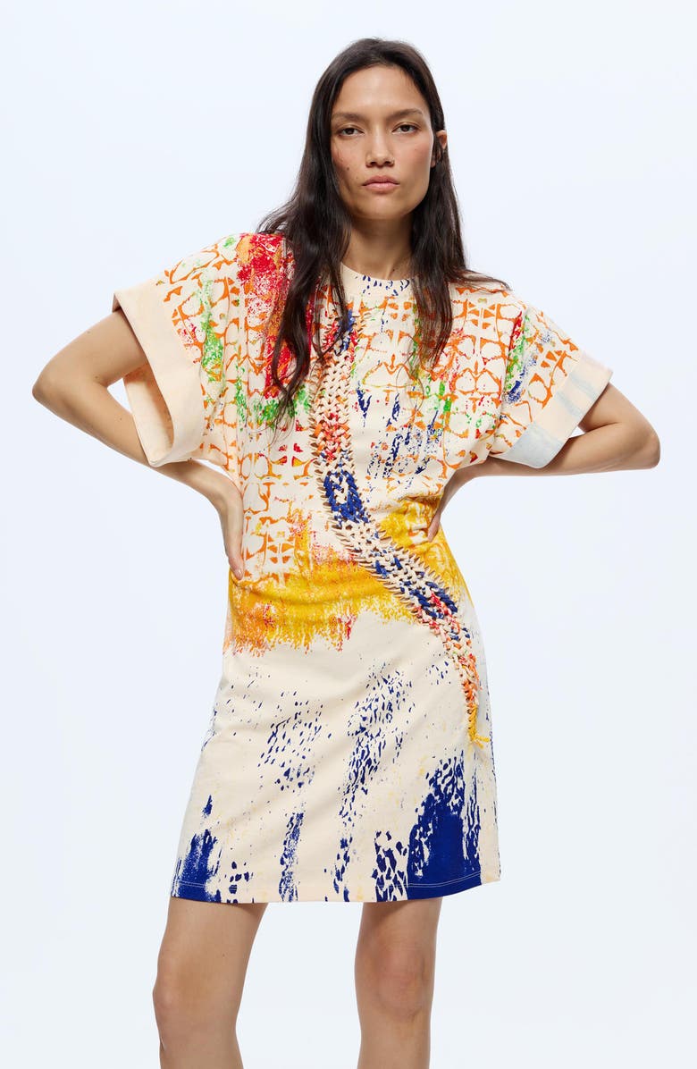 Desigual Mixed Paint Print Cotton Minidress, Alternate, color, Blue