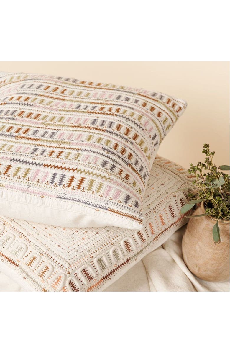 Studio Variously Dahli Coral Hand Woven Hand Embroidered Multicolor White Artisanal Pillow - Cover Only, Alternate, color, White/Coral