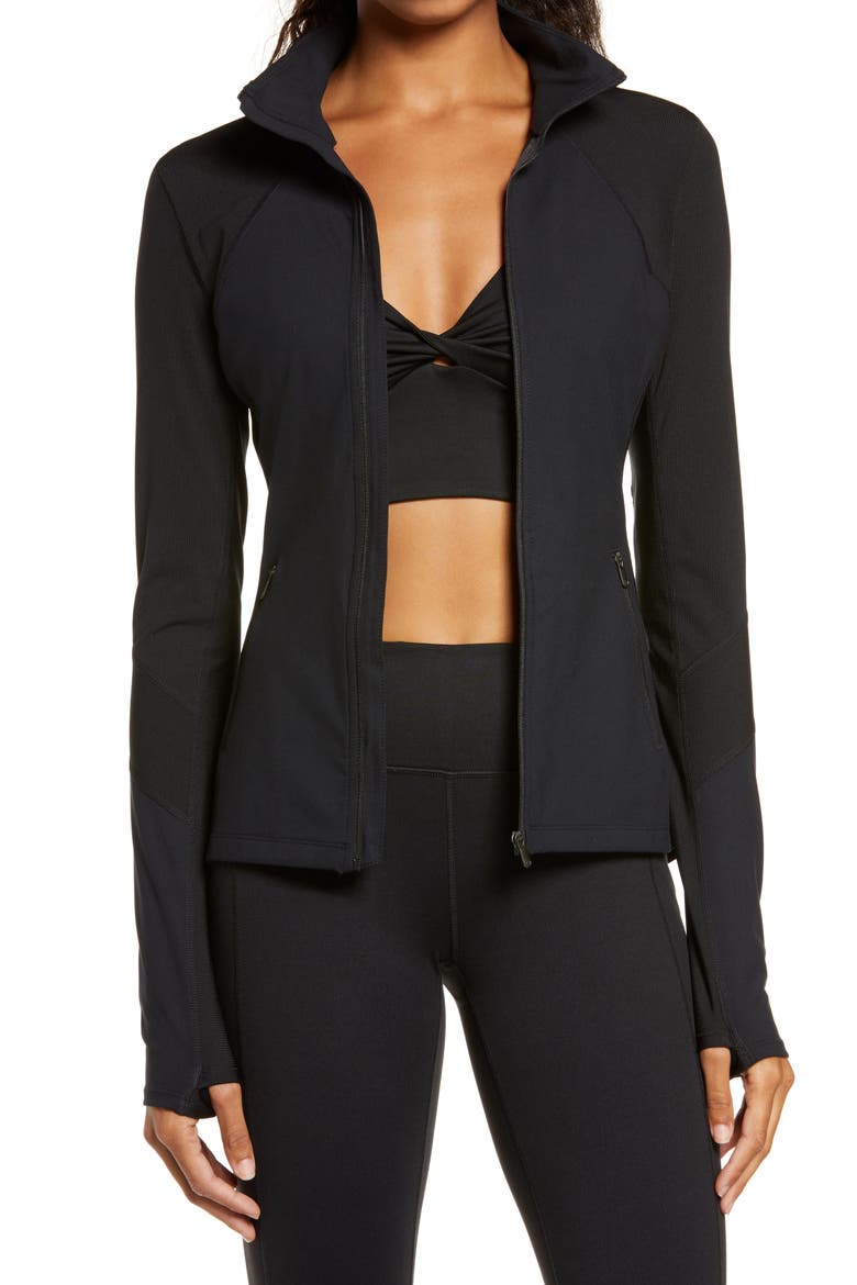 Studio Lite Ribbed Detail Track Jacket, Main, color, BLACK