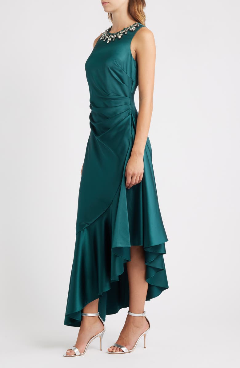 Eliza J Embellished Neck Sleeveless Stretch Satin Cocktail Dress, Alternate, color, Hunter