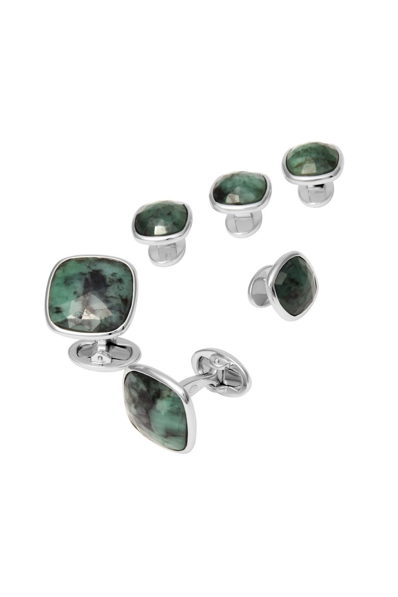 Faceted Emerald Sterling Cufflinks & Stud Set, Main, color, Green