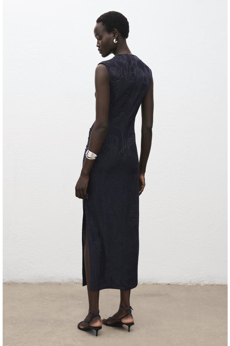 Draped Embroidered Sleeveless Midi Dress, Alternate, color, NAVY