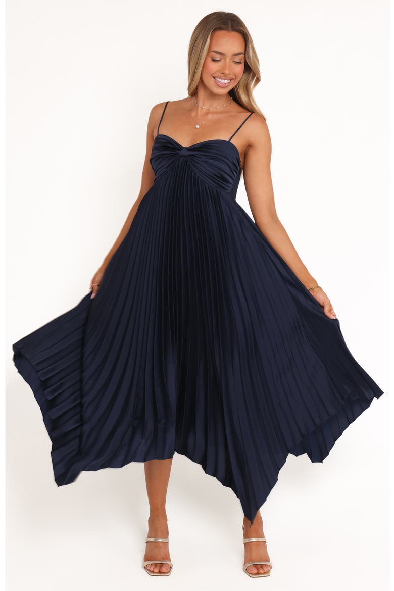 Vikki Pleated Sleeveless Satin Maxi Dress, Alternate, color, NAVY