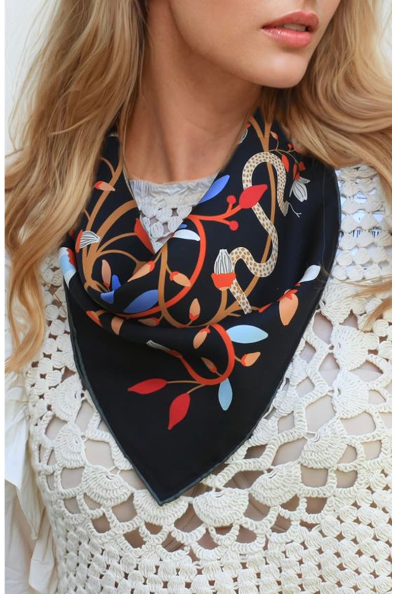 Double Sided Silk Scarf Of Night's Enchanted Garden, Alternate, color, Black