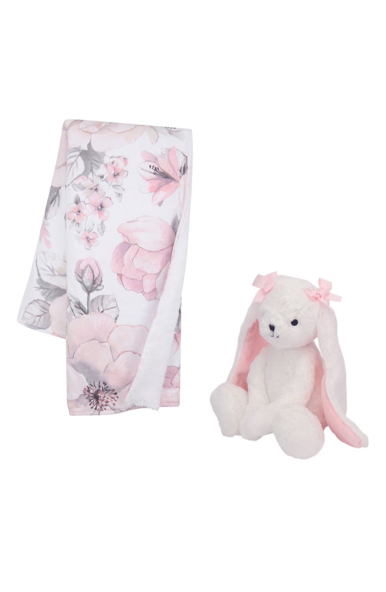 Lambs & Ivy Floral Blanket & Plush Bunny Stuffed Animal Toy Baby Gift Set, Alternate, color, White