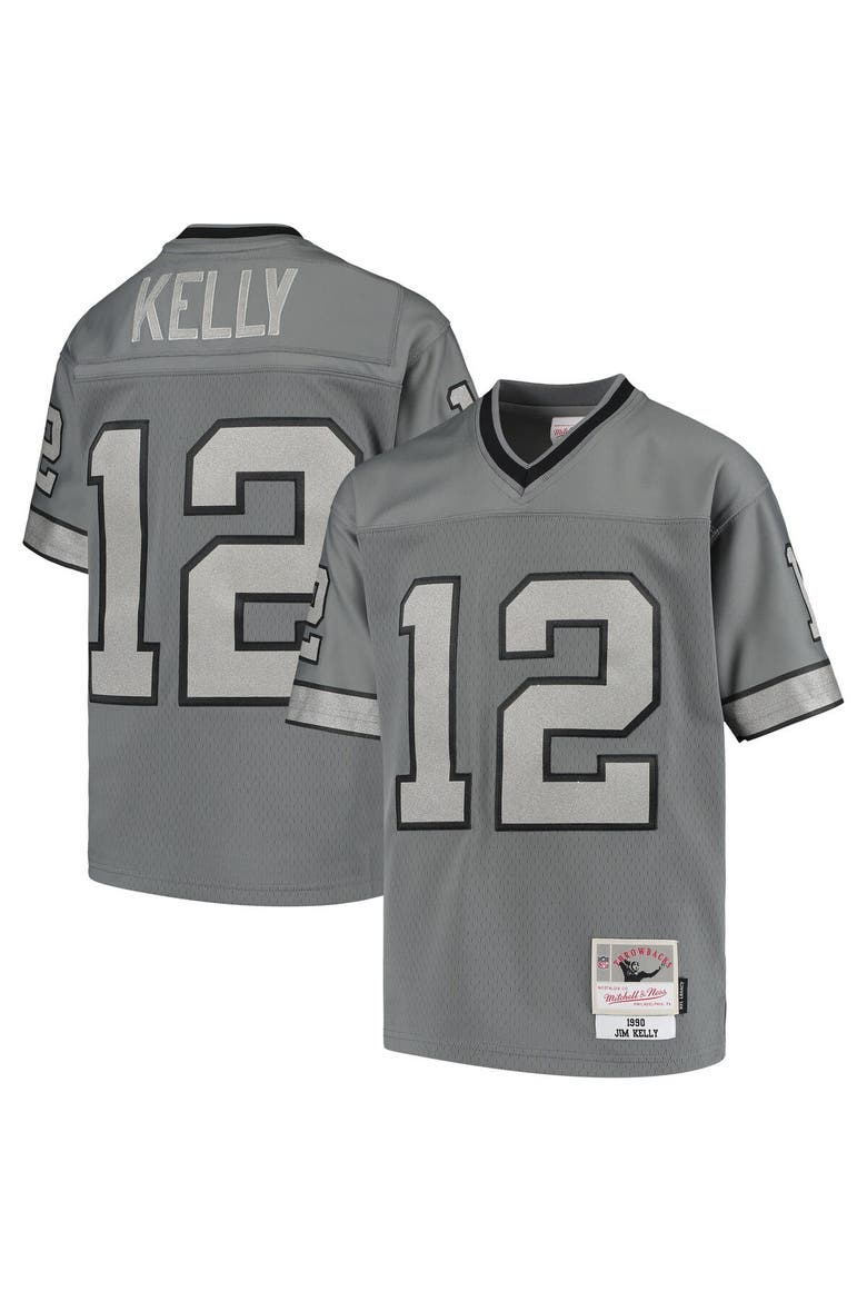 Youth Mitchell & Ness Jim Kelly Charcoal Buffalo Bills 1990 Retired Player Metal Replica Jersey, Main, color, Charcoal