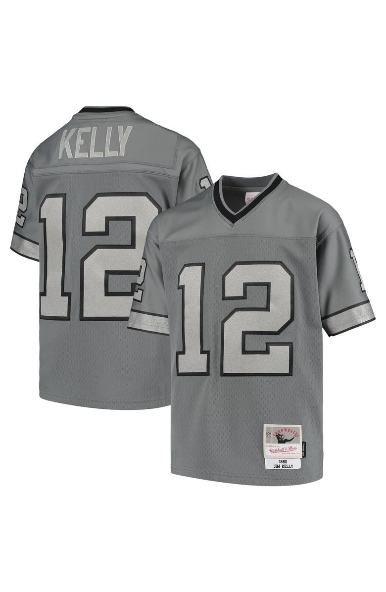 Mitchell & Ness Youth Mitchell & Ness Jim Kelly Charcoal Buffalo Bills 1990 Retired Player Metal Replica Jersey, Main, color, 
