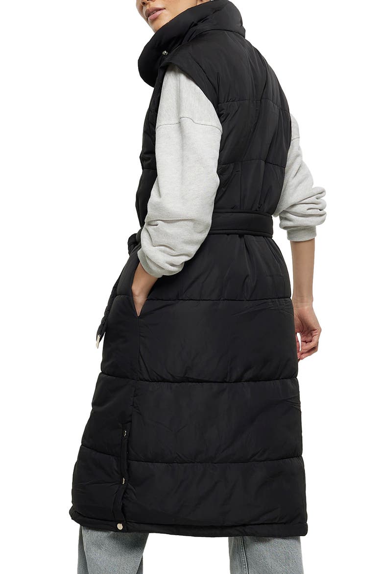 Belted Longline Quilted Vest, Alternate, color, BLACK
