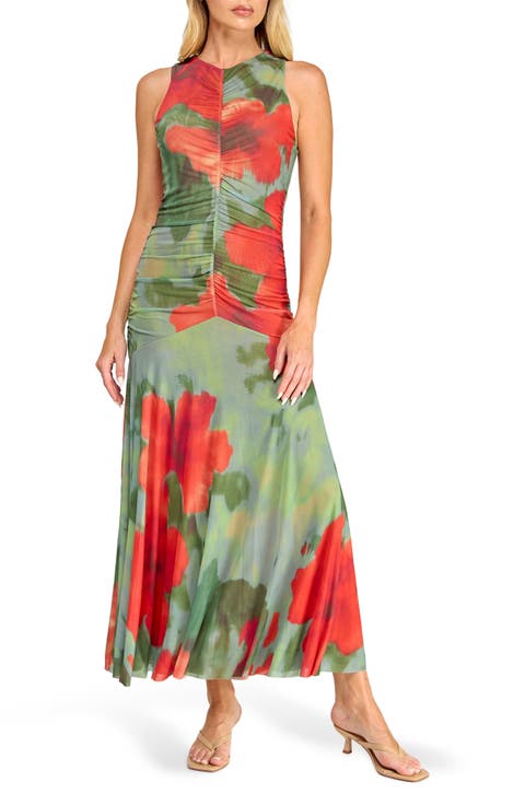 Ruched Mesh Midi Dress