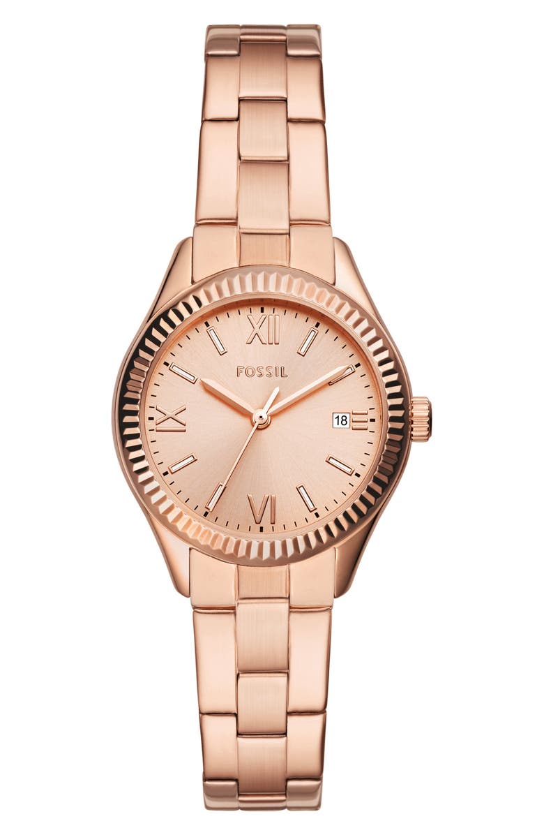 Fossil Rye Rose Gold Tone Bracelet Watch, 30mm, Main, color, Rose Gold