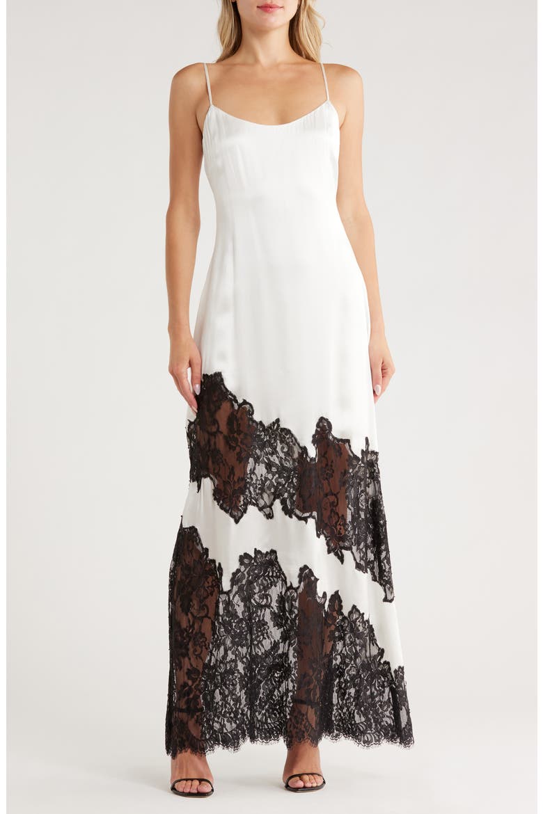 Silvana Lace Inset Silk Gown, Main, color, IVORY/ BLACK