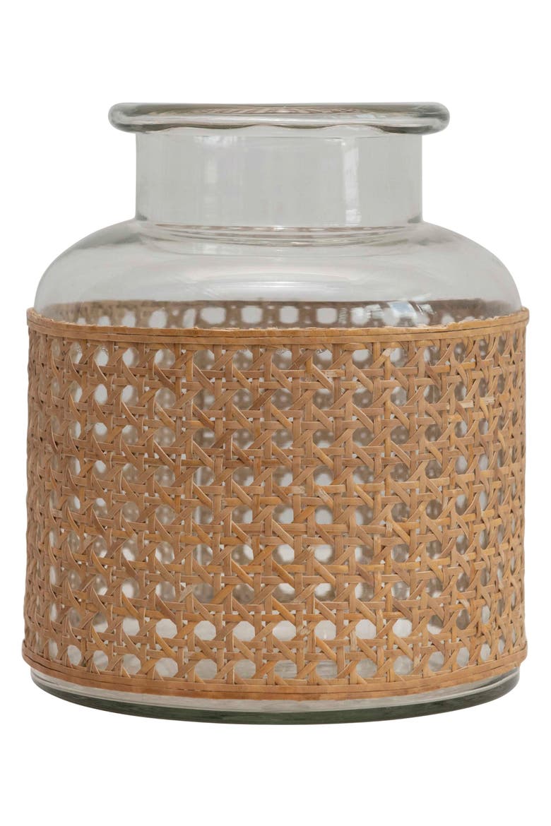 Round Glass Jar Vase with Decorative Cane Sleeve, Clear and Natural, Main, color, Natural
