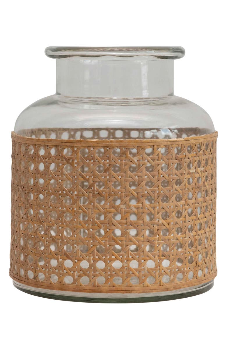 Storied Home Round Glass Jar Vase with Decorative Cane Sleeve, Clear and Natural, Main, color, Natural