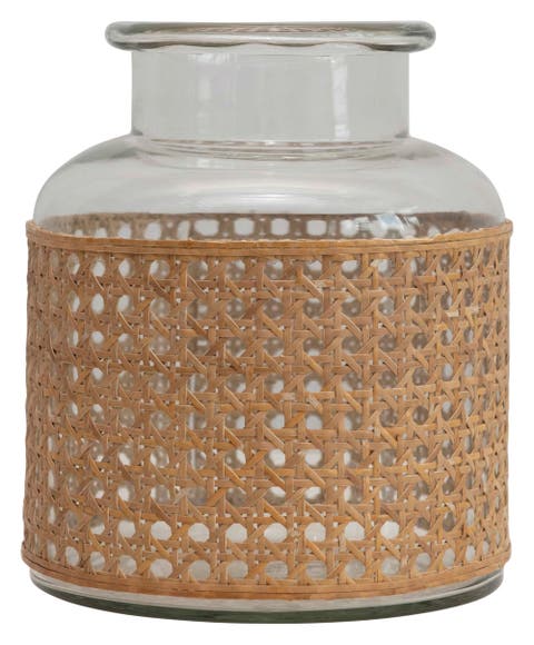 Round Glass Jar Vase with Decorative Cane Sleeve, Clear and Natural