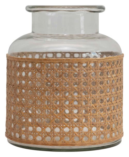 Storied Home Round Glass Jar Vase With Decorative Cane Sleeve, Clear And Natural In Brown