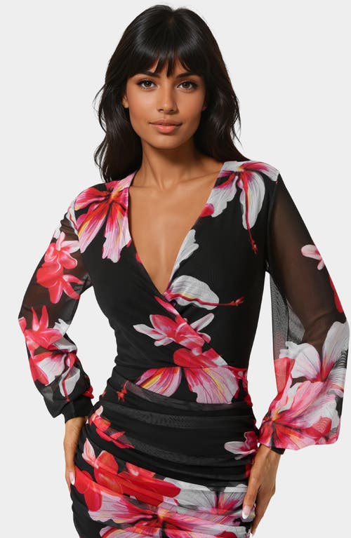 Bebe Long Sleeve Ruched Faux Wrap Minidress In Multi