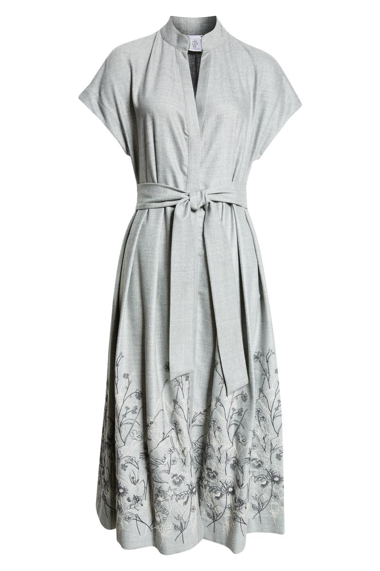 Floral Embroidered Wool Blend Belted Shirtdress, Alternate, color, LIGHT GREY MELANGE