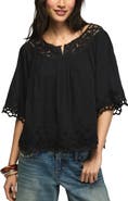 Lucky Brand Battenburg Lace Embroidered Top