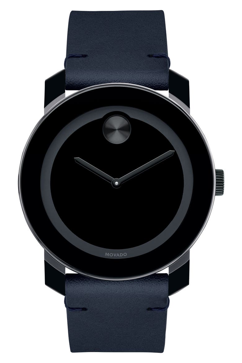 'Bold' Leather Strap Watch, 42mm, Main, color, NAVY/ BLACK
