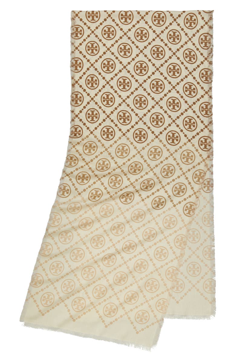 Tory Burch T-Monogram Print Silk Oblong Scarf, Main, color, 